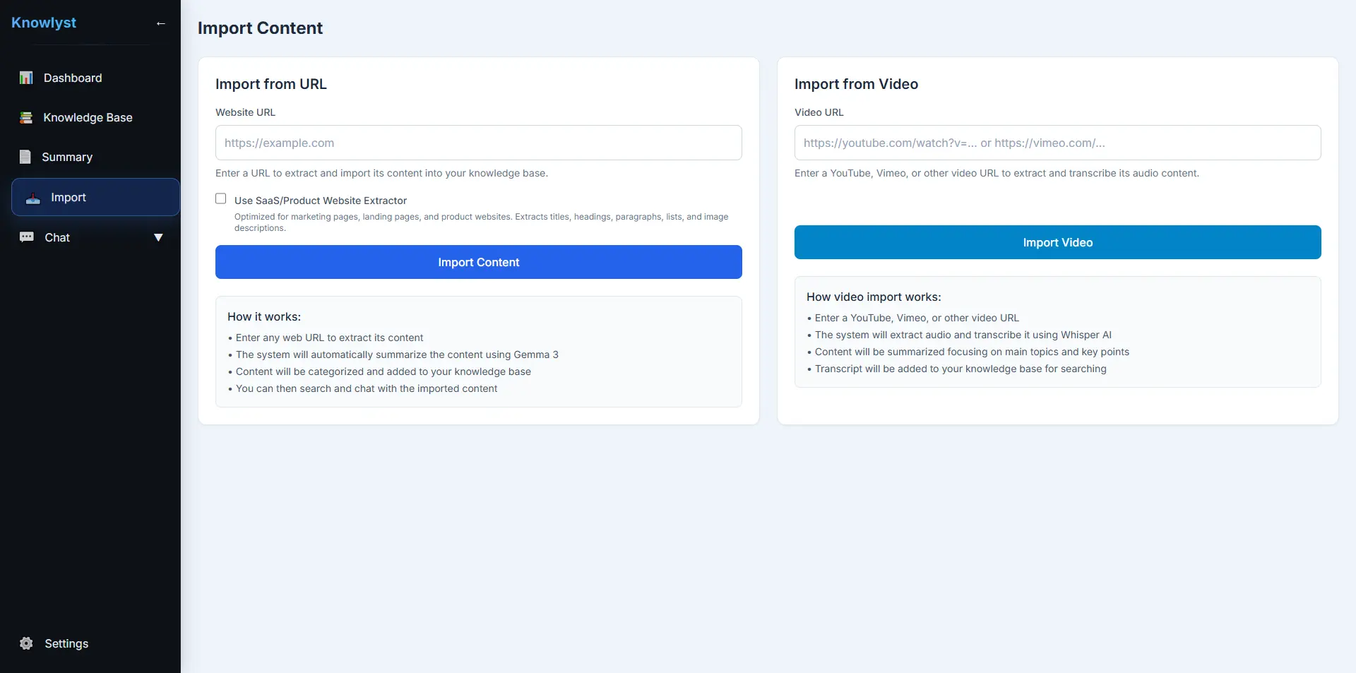 Knowlyst RAG knowledge system import screen